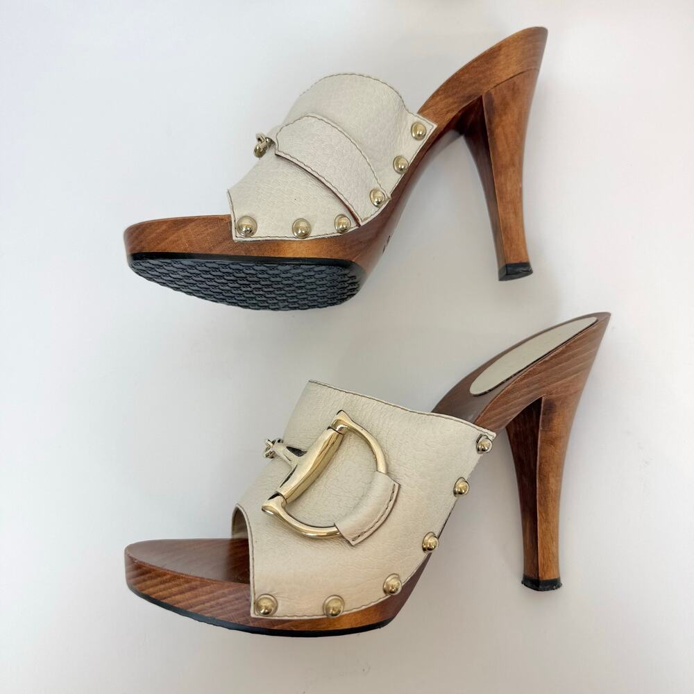 Gucci Leather Horsebit Wooden Clog Heels Sandal in Cream Off-White 7B - Picture 6 of 14